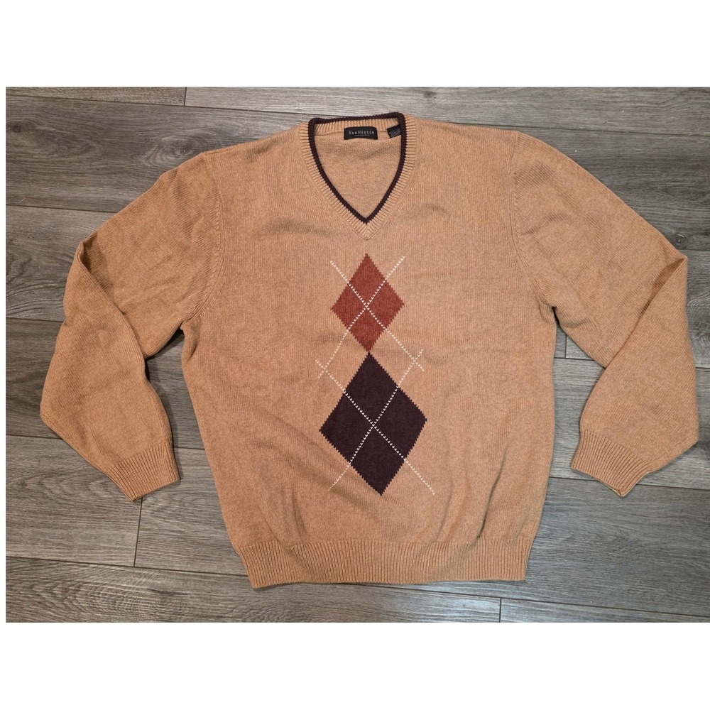 Van Heusen Mens Large V-Neck Sweater Tan Argyle Cotton Knit Long Sleeve cabin